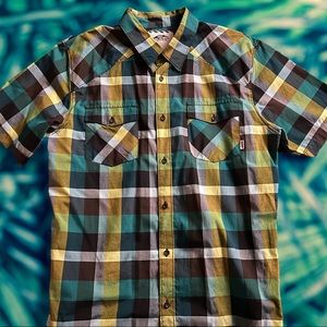 Vans Button Up Shirt Mens Size L Green Yellow Plaid Off The Wall Short Sleeve